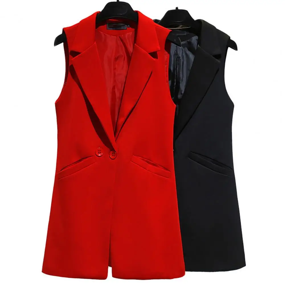 

Women Suit Coat Elegant Sleeveless Women's Suit Coat with Thin Pocket Cardigan Lapel Mid Length Single Button for Formal