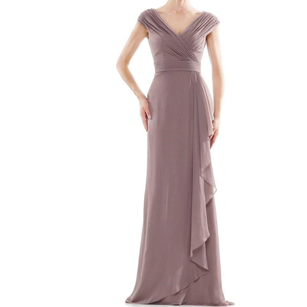 

Classic V Neck Chiffon Cap Sleeve Straight Zipper Back Ruffles Sleeveless Floor Length Backless Elegant Luxury Evening Dress