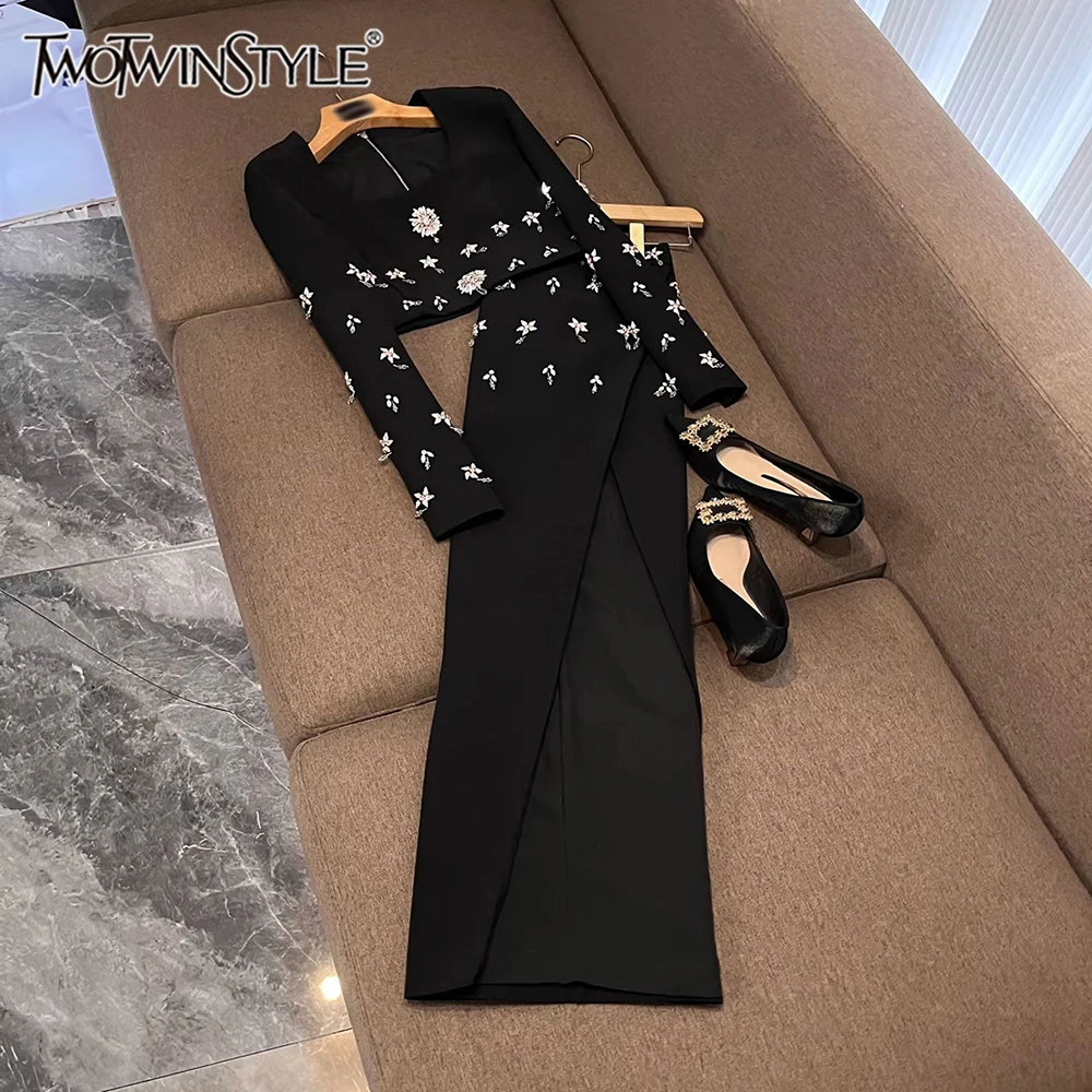 

TWOTWINSTYLE Gorgeous Solid Two Piece Sets For Women Round Neck Long Sleeve Top High Waist Skirt Elegant Set Female KSE533318