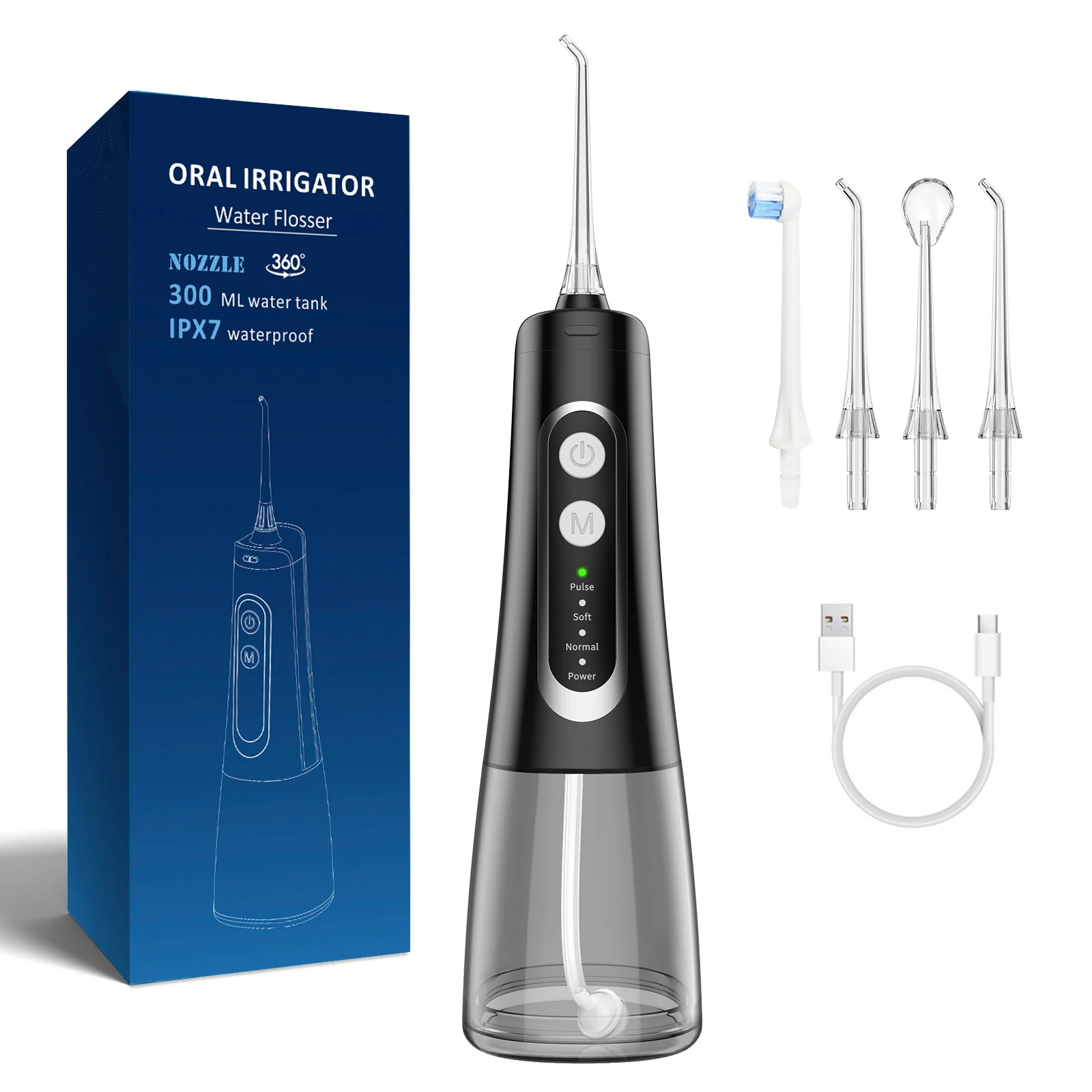 Oral Irrigator Portable Dental Water Flosser USB Rechargeable Water Jet Floss Tooth Pick 4 Jet Tip 300ml 4 Modes IPX7 Waterproof