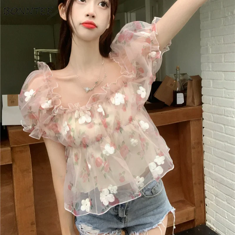 Chiffon Blouse Women Slash Neck Floral Printed Gentle Sheer Summer Tops All-match Streetwear Hotsweet Fairycore Aesthetic New