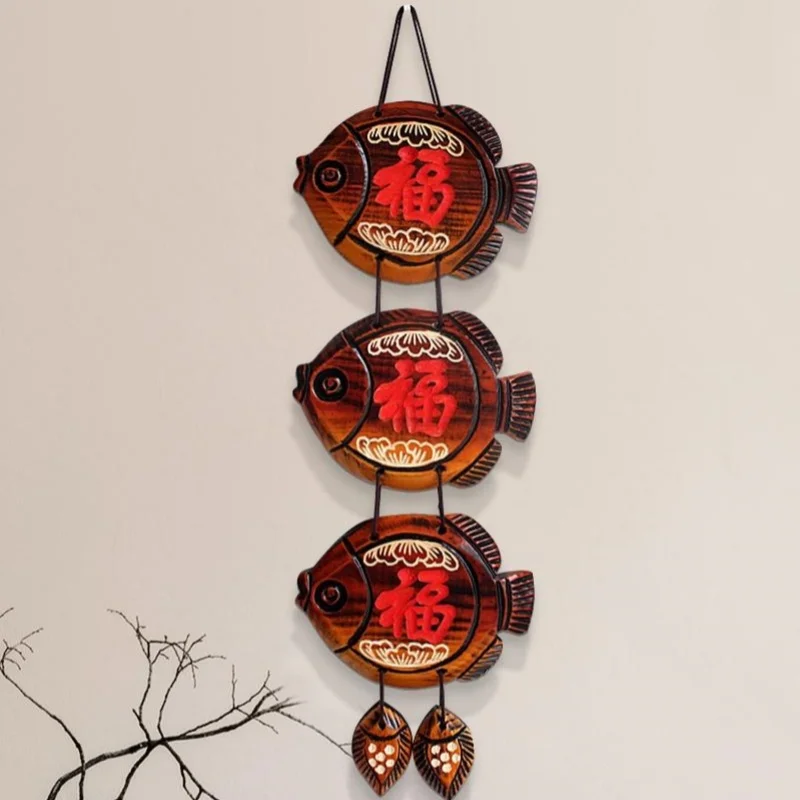 Винтажные деревянные настенные украшения в китайском стиле на удачу с изображением рыбы благословение налет для прихожей, коридора, спальни, настенные украшения