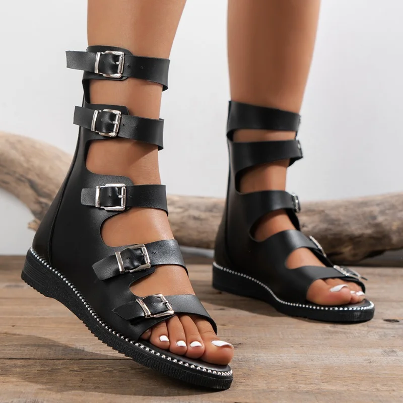 Sandalias de Punta abierta para mujer, zapatos de gladiador planos con cremallera trasera romana, informales para exteriores, novedad de verano