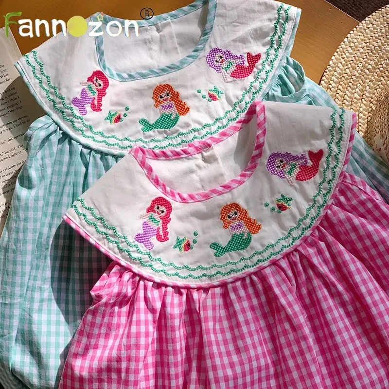 Mermaid Embroidered Bear Kids Girls 2024 New Dresses for Girls Baby Summer Dress Kids Casual Soft Girl Clothes Design Vestidos