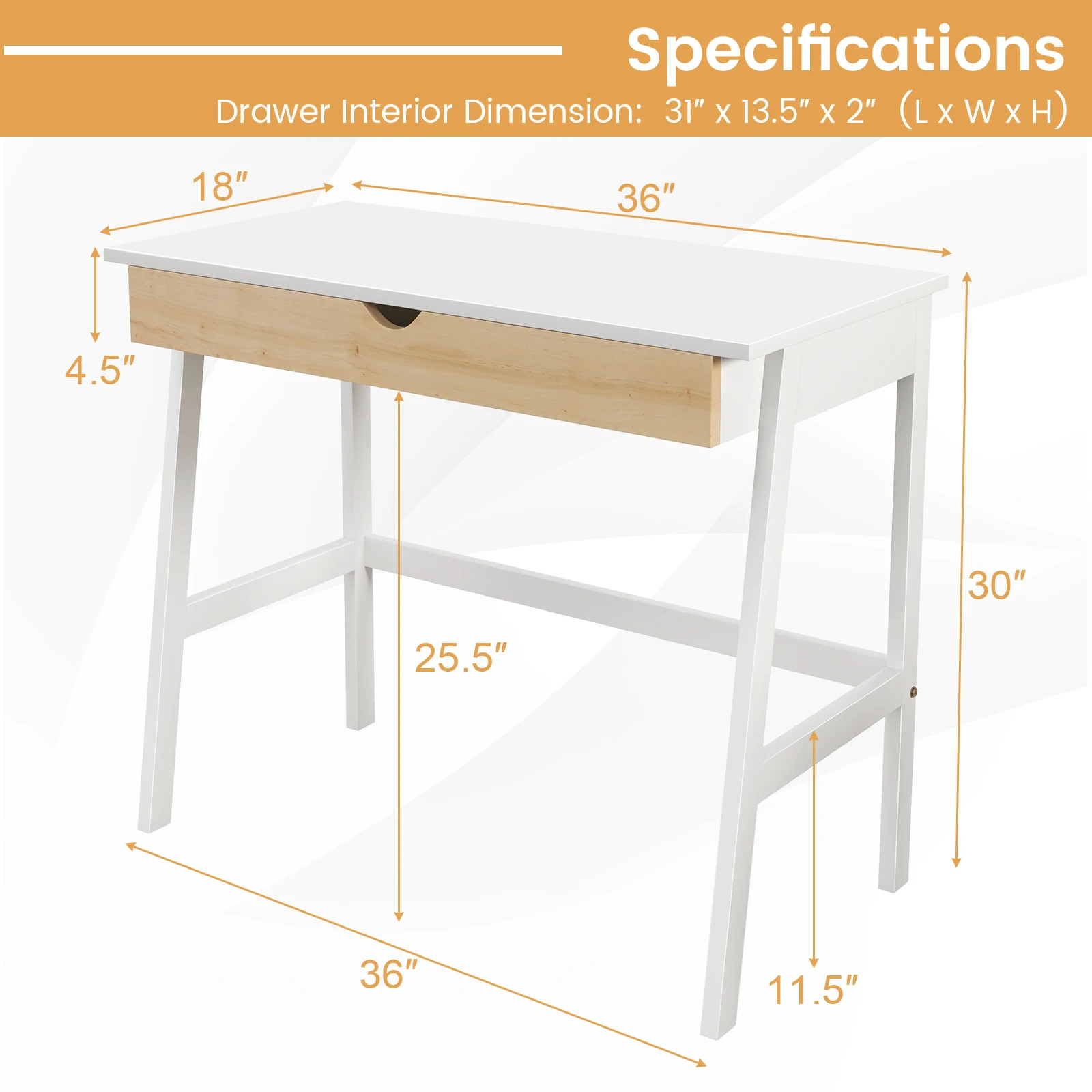 Computer Desk Wooden Workstation Vanity Table w/ 1 Drawer & Rubber Wood Legs