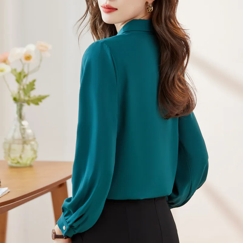 NAVIU Green Shirt Women New Autumn Fashion Temperament Professional Formal Chiffon Blouses Office Lady Wrok Tops White