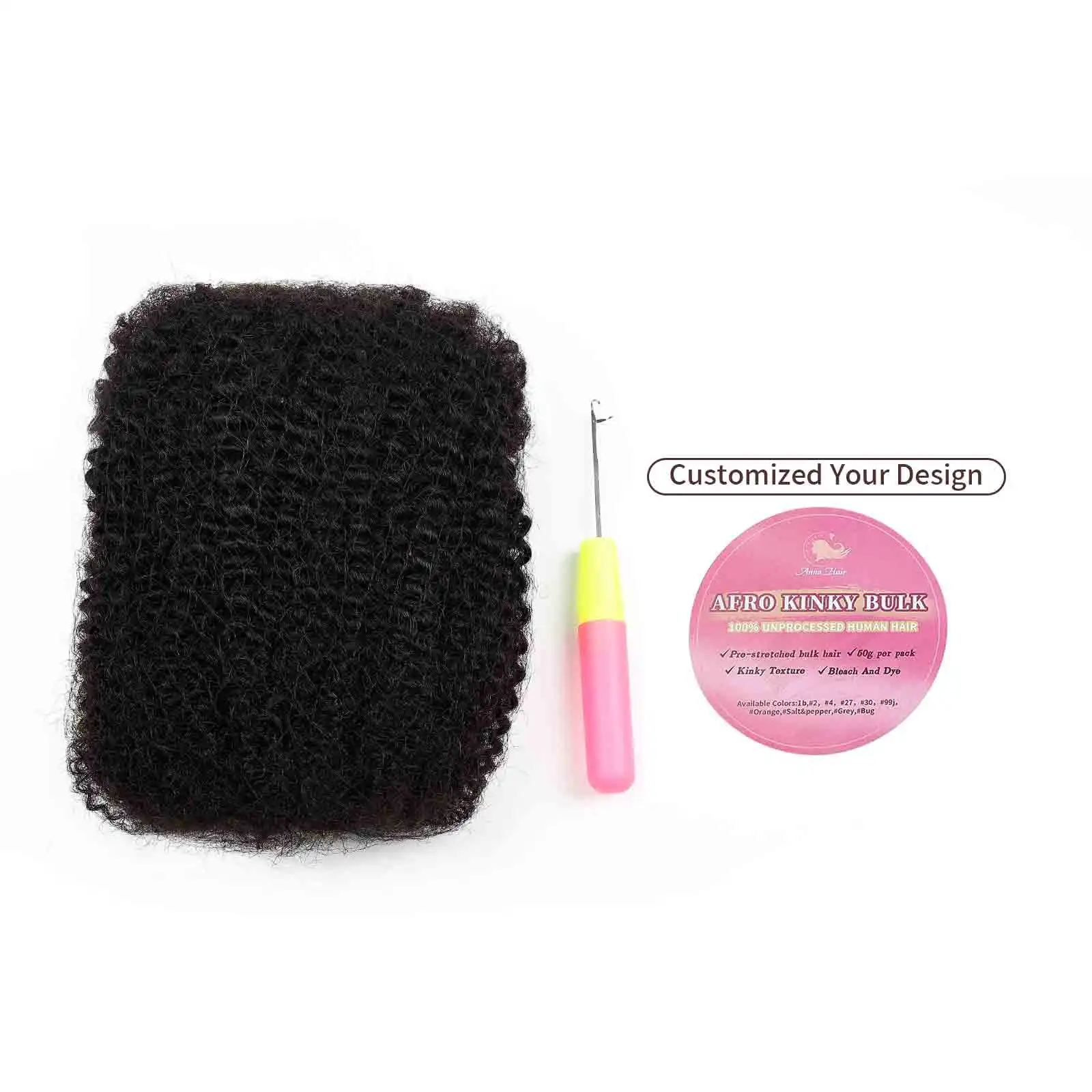 ANNA 50g/pack Easy to Install 100% Human Hair Afro Kinky Pre-stretched Bulk Hair for Natural Hairstyle/ Daily Use/ Natural Look