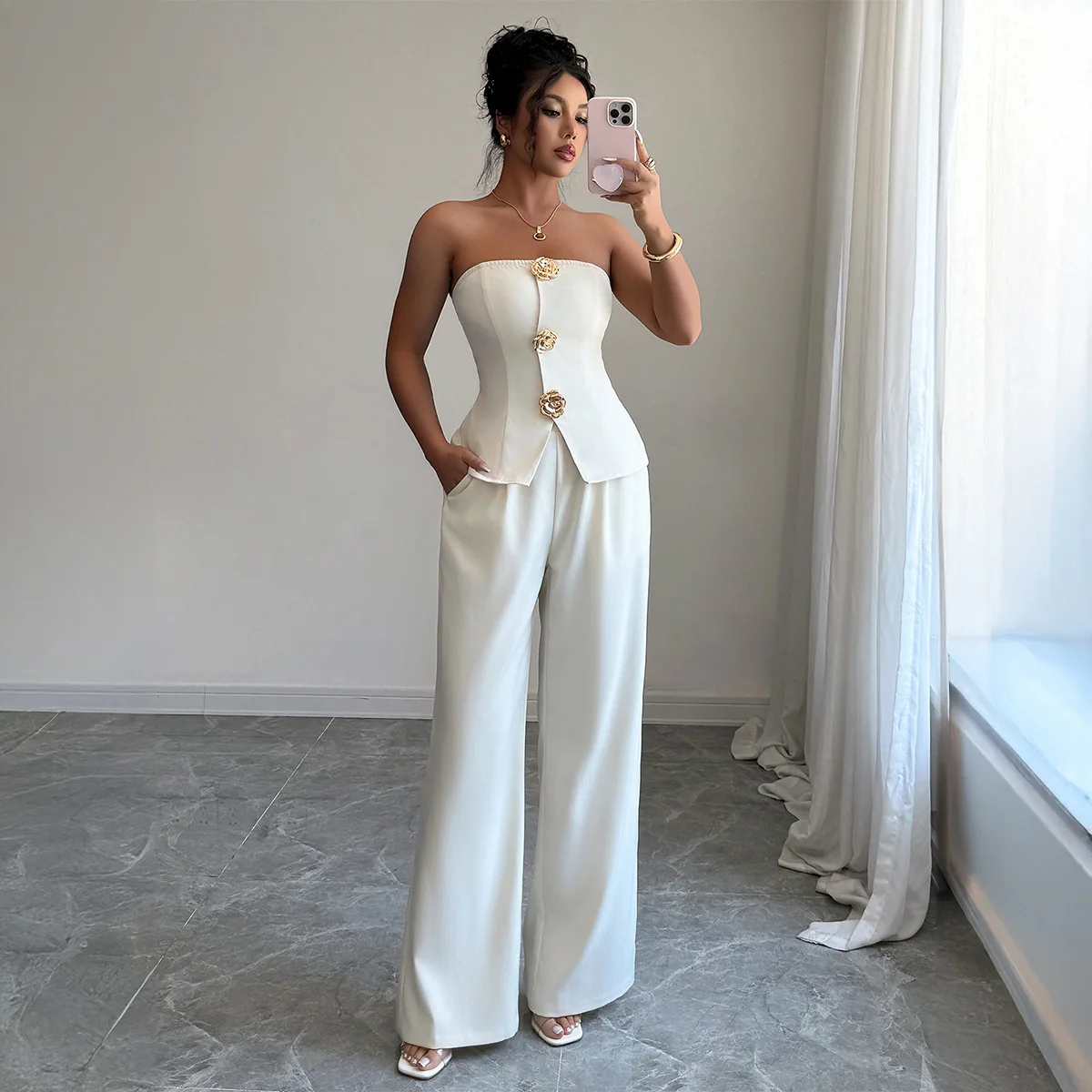 

Elegant Solid Color Wide-leg Pants Women's Suit Tube Top Button Vest + Trousers Two-piece Suit 2025 Spring And Summer Outfits