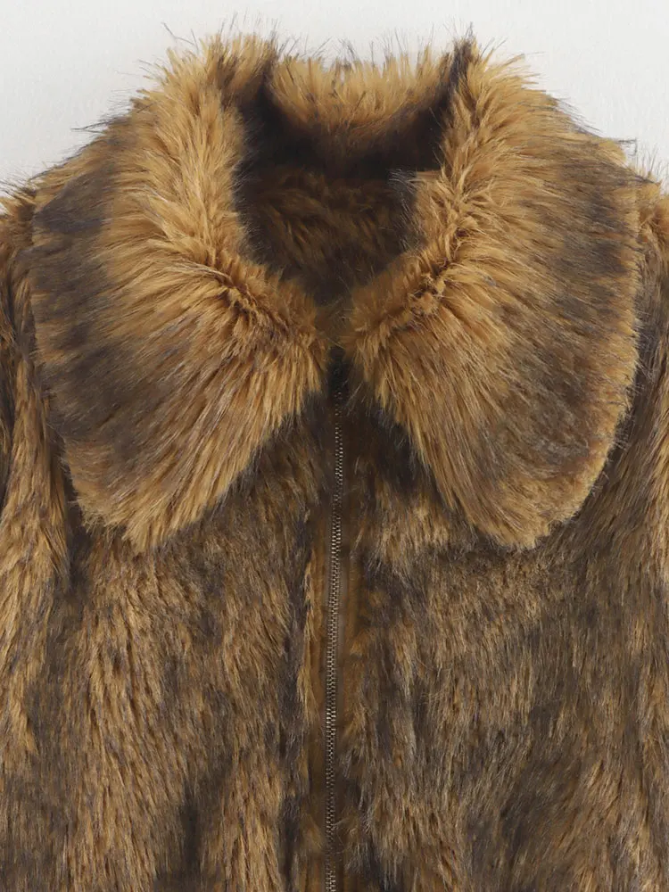 TRAF 2024 Winter Vintage Short Faux Fur Bomber Jackets for Women Fluffy Warm Coats Long Sleeve Casual Outerwears 