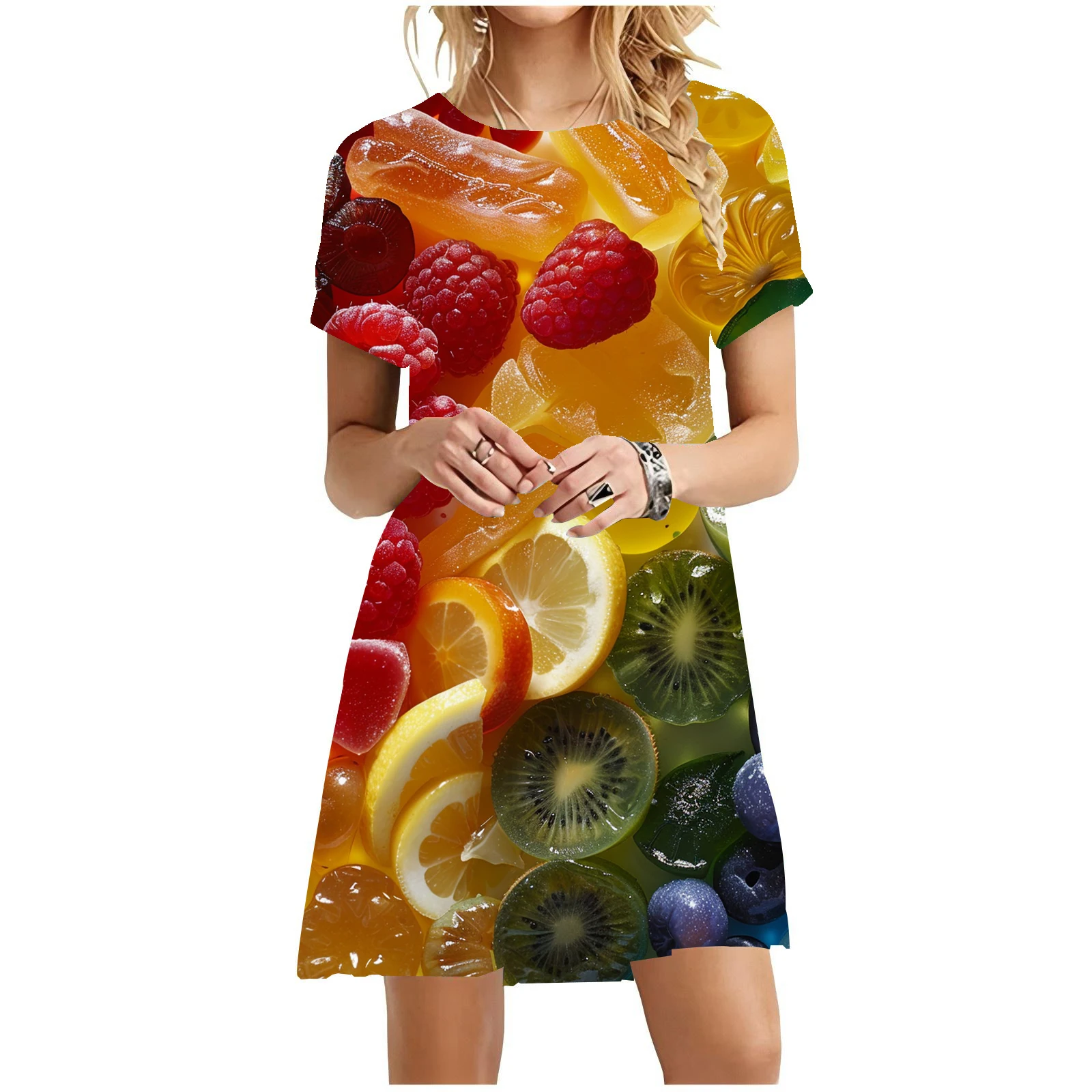 Mini robe de loisirs à manches courtes et col rond pour femmes, style doux, kiwi, fruit, impression 3D, décontracté, nouveau, été, 2024