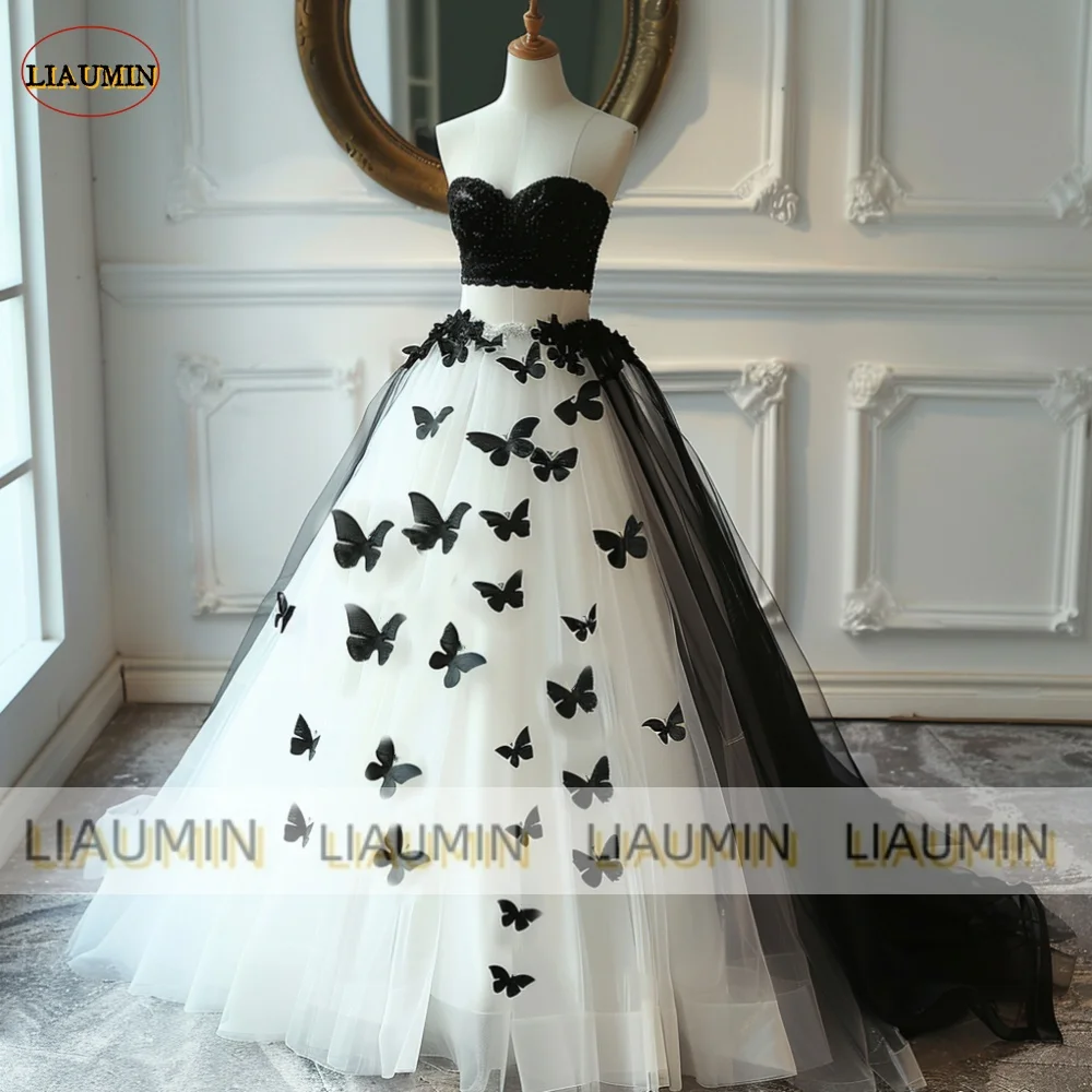 2 Pcs Set White Black Tulle Strapless Butterfly Applique Floor Length Prom Wedding Formal Dress For Evening Lace Up Back A1-16.5