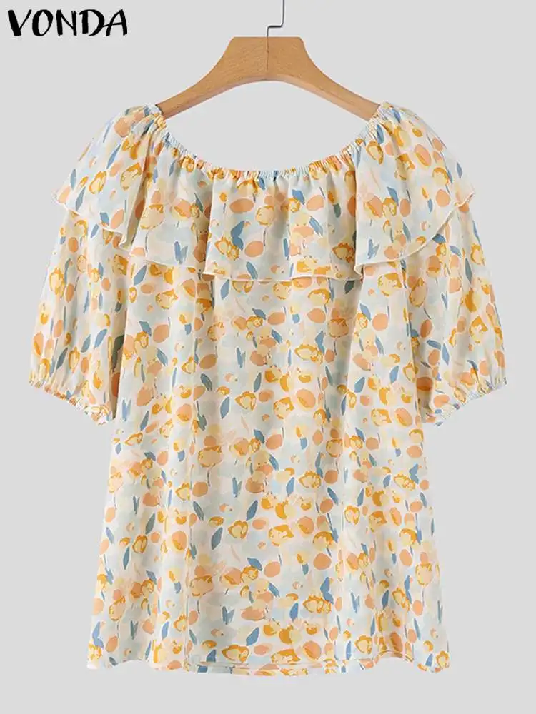 VONDA Women Bohemian Tops Floral Printed Blouse 2024 Summer Ruffled Fashion Short Sleeve Shirts Casual Loose Blusas Femininas