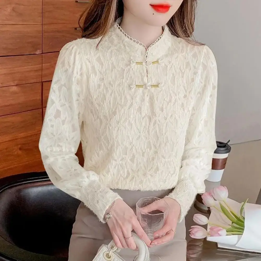 

Women Lace Spliced Top Elegant Lace Spliced Long Sleeve Women's Blouse Slim Fit Half High Collar Pullover Top Solid Color