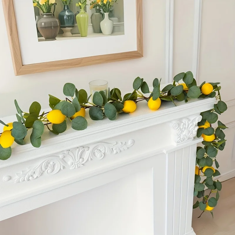 175cm Faux Lemon Eucalyptus Garland, Realistic Fruit Vine, Indoor Decor for Mantel Door Wall Table Wedding Party