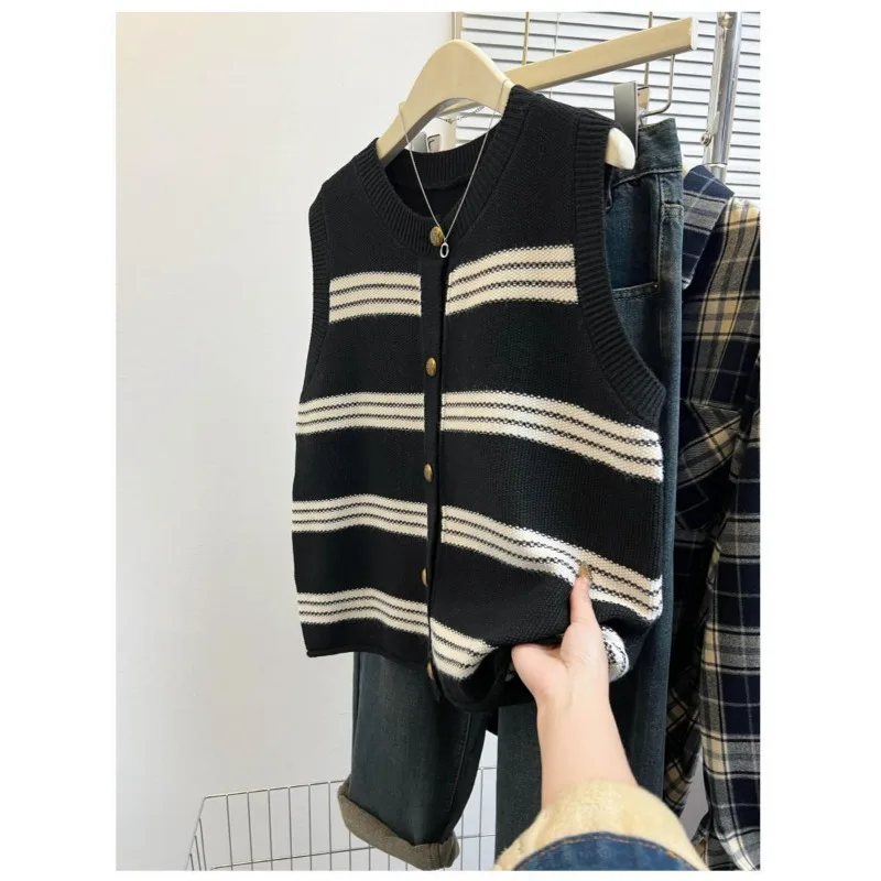 Chaleco de punto a rayas para mujer, suéter, chaleco, jersey de contraste con botones, Top sin mangas
