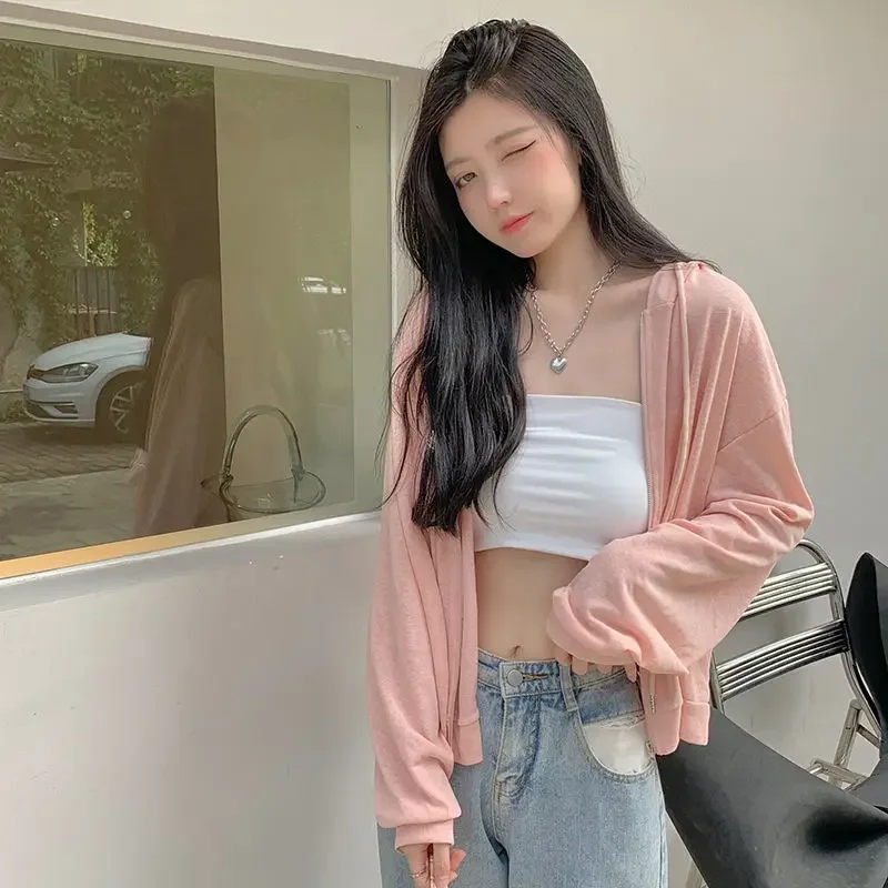 

Basic Jackets Women Zipper with Hat Pure Color Cropped M-4XL Minimalist Students Classic Sun Protection Leisure Teens Clothes