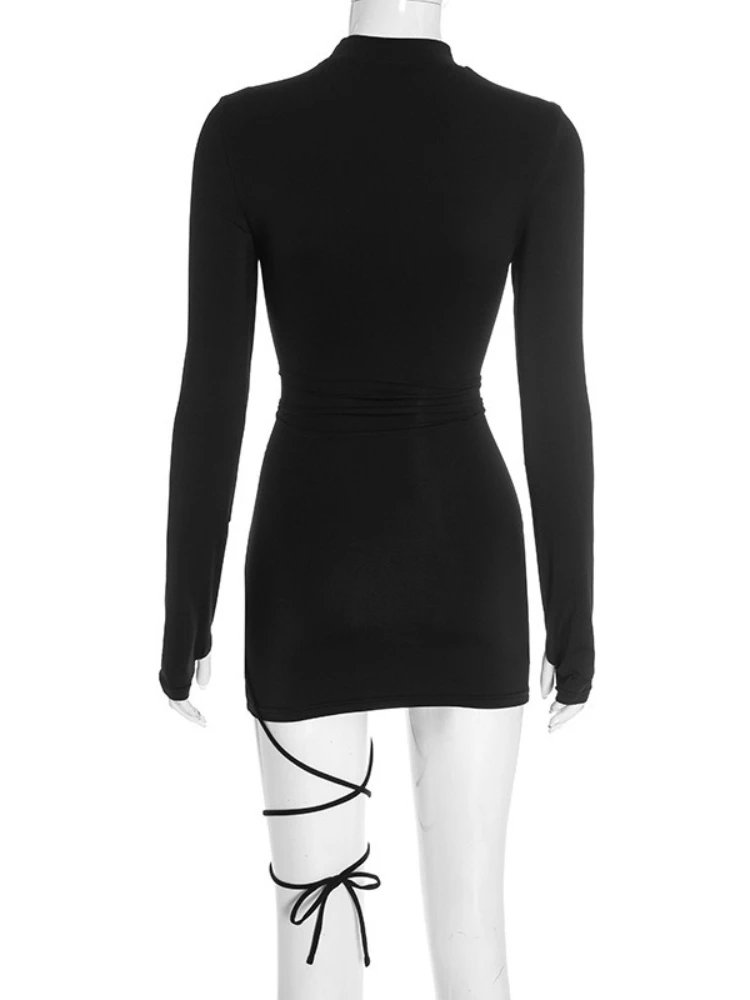 FDYOUI-minivestido de fiesta Sexy con cordones para mujer, Túnicas elegantes de manga larga recortadas, vestidos cortos para discoteca, color negro