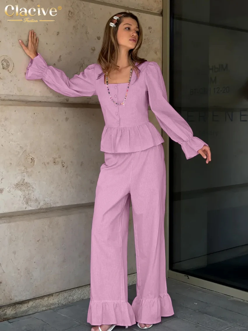 

Clacive Fashion Loose Pink Cotton Women's Two Pieces Set 2025 Elegant Long Sleeve Shirt With High Waist Pants Set Female Clothin