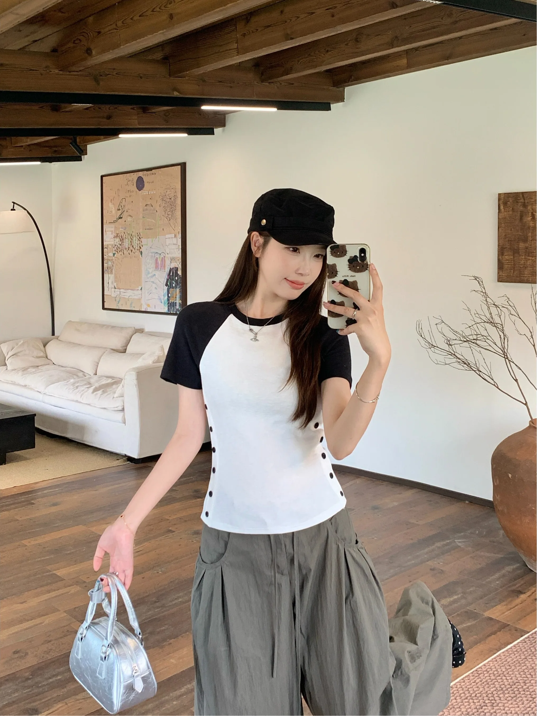 

plus Size Sweet And Spicy Short Sleeve T-Shirt Waist Cinching round Neck Slimming Design Color Block Top for Women Summer New...