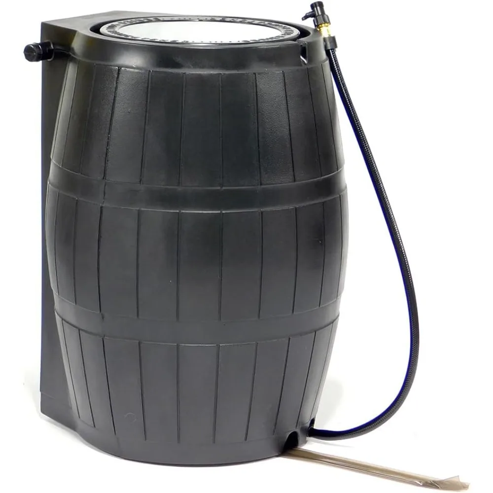 

Raincatcher 4000, Flat-Back Rain Water Barrel, 50-Gallon, Black - Rainwater Collection Storage Container w Side Spigots, Mesh S