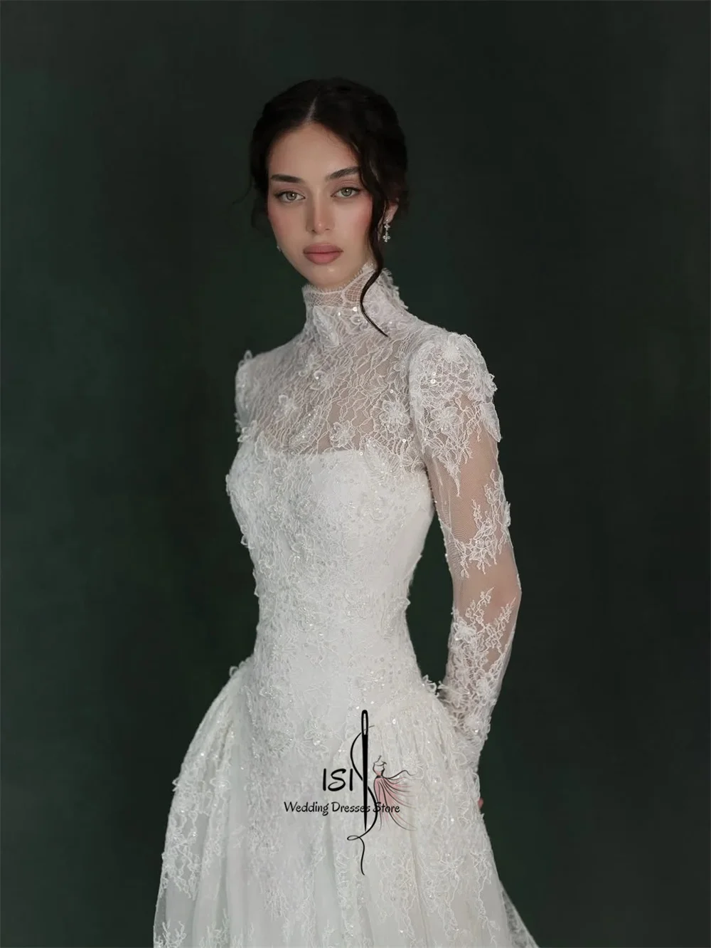 ISI 2026 Elegant High Neck Lace Wedding Dresses For Woman High Quality A Line Full Sleeve Bridal Gown Applique Customized