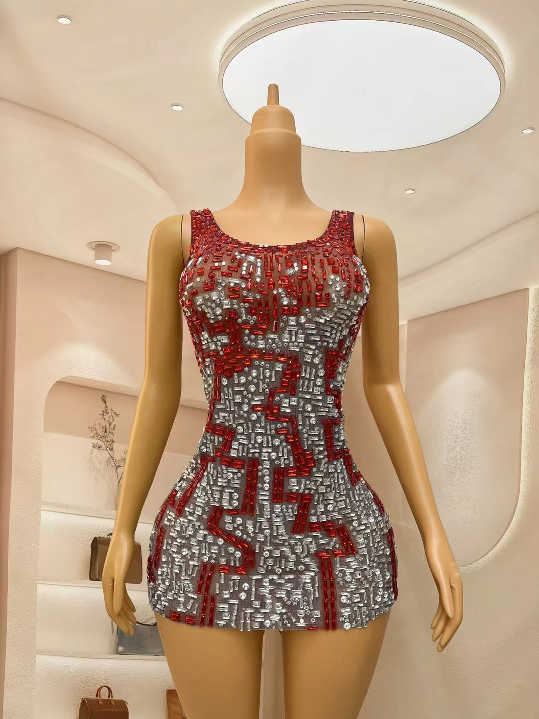 Fashion Sparkly Rhinestone Sexy See Through Mesh Dress Nightclub Birthday Celebrate Party Women Sleeveless Tight Dress Migong