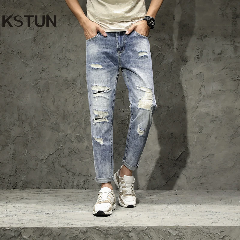 

Ripped Jeans Men Light Blue Cotton Harem Pants Men's Cropped Trousers Ankle-Length Distressed Frayed Hip Hop Jeans Loose Fit