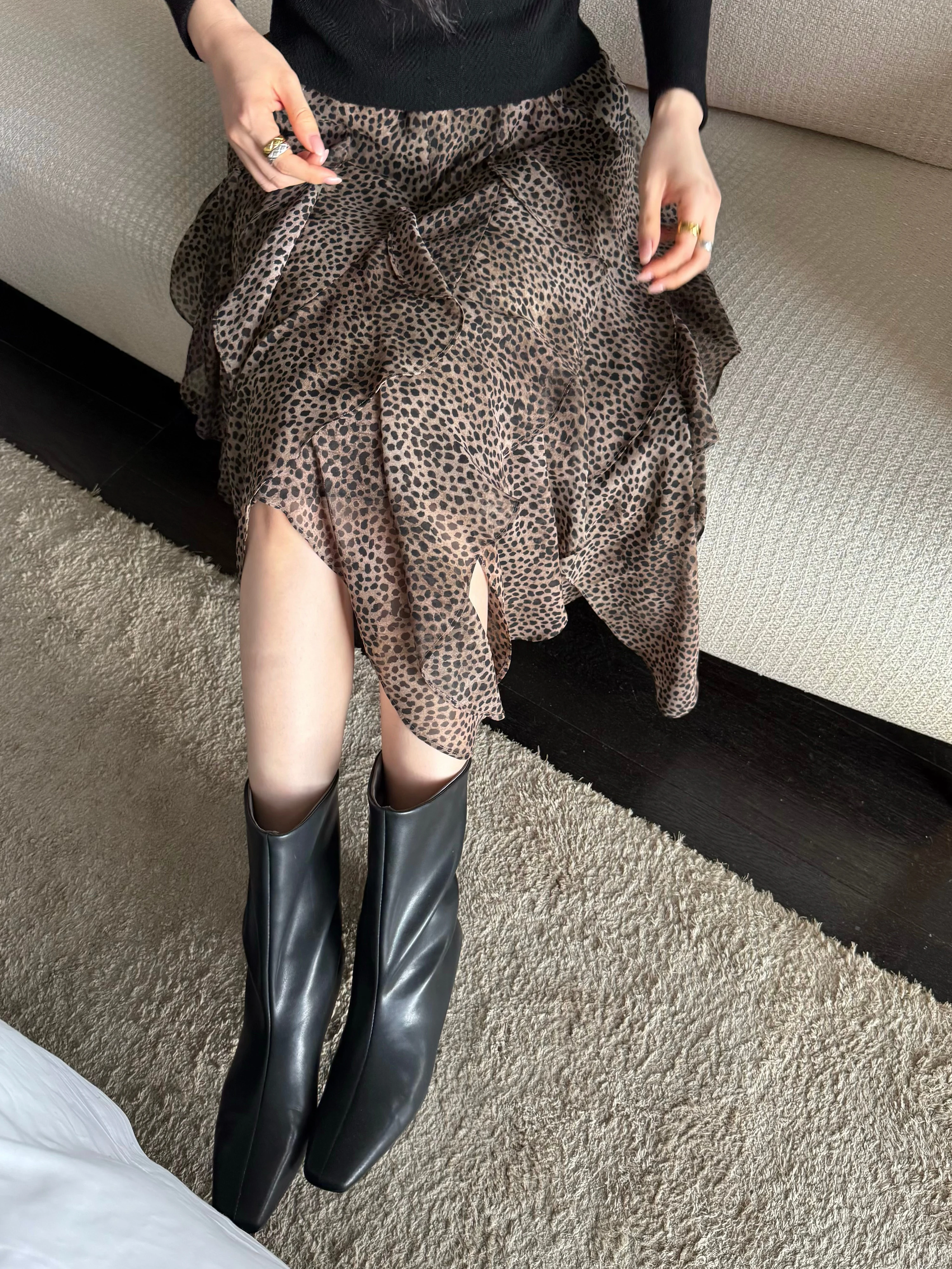 ZhouMiao 90% Silk Geometric Print Half-length Skirt Women's Style Asymmetrical Hemline Lace Trim Elegant Polyester Fiber