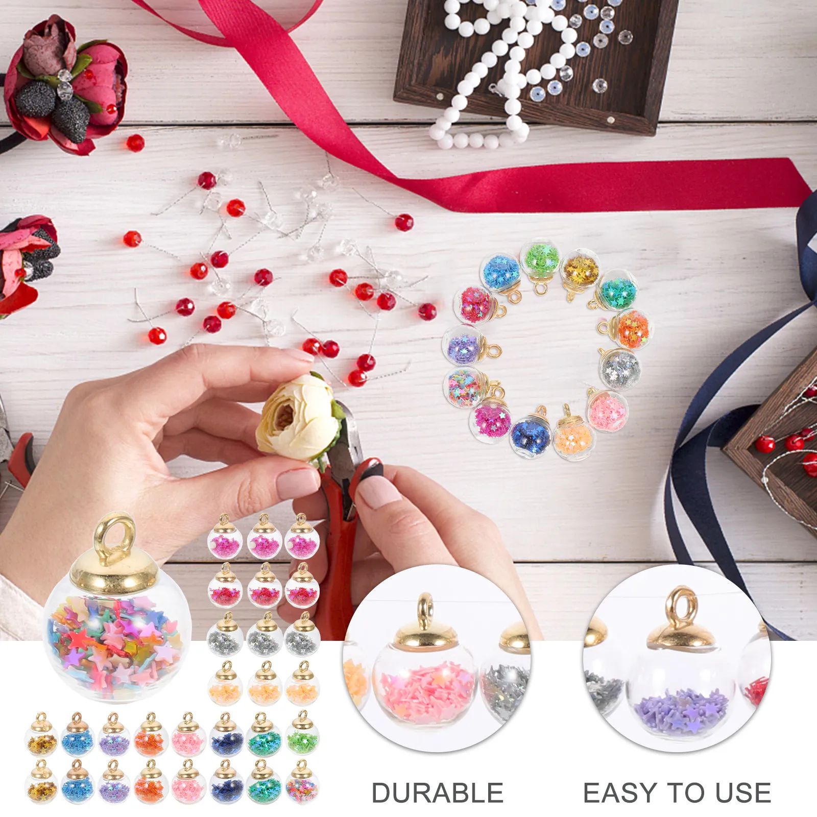 60Pcs Shatter Resistant Glass Ball Charms with Star Sequins for DIY Jewelry Pendant Making Necklace Earring Keychain Bracelet