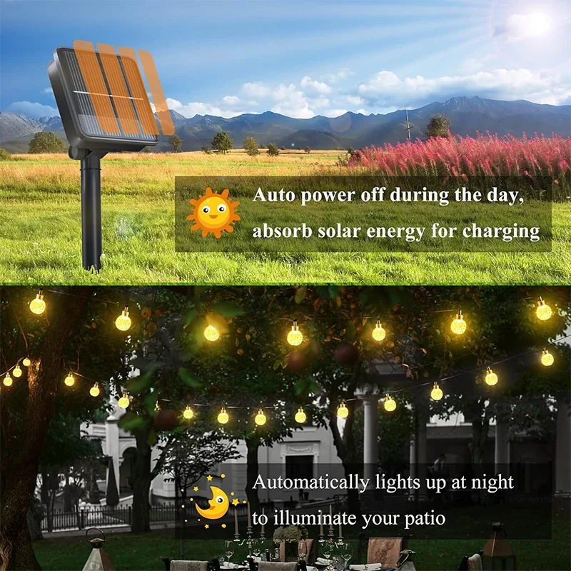 Solar ball String Lights Outside Waterproof Crystal Globe Lights with 8 Modes for Garden Tree Patio Party Christmas Decorations