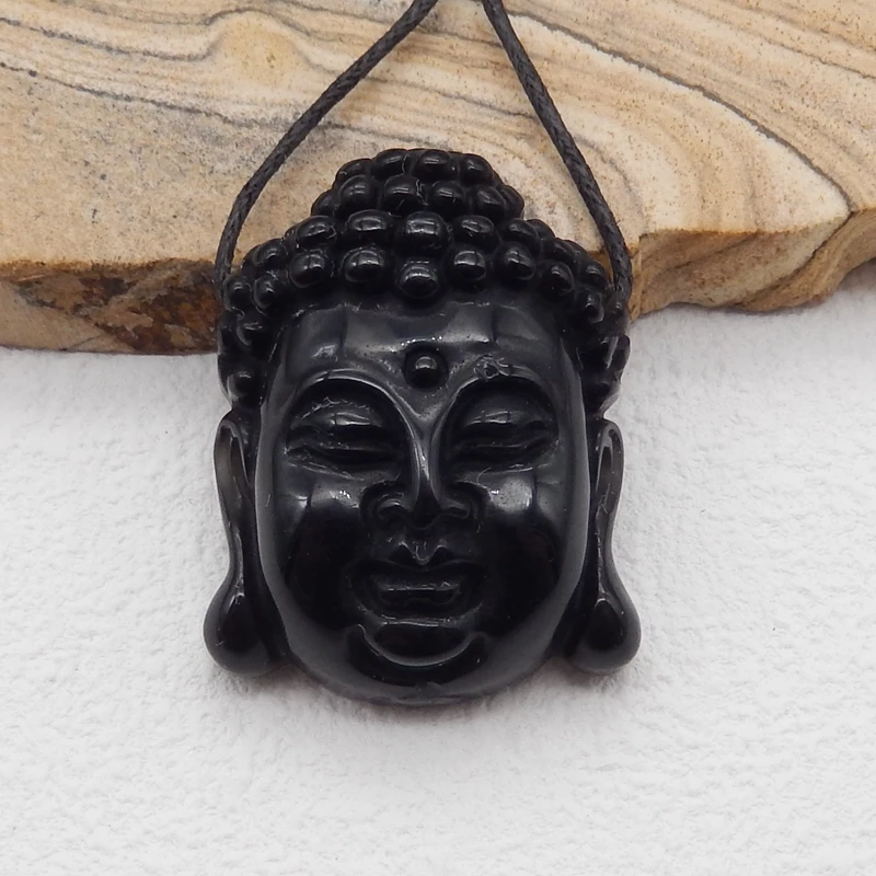 

Natural Stone Obsidian Carved Buddha Head Pendant Bead Fashion Jewelry Necklace Accessories 31x24x11mm 11g