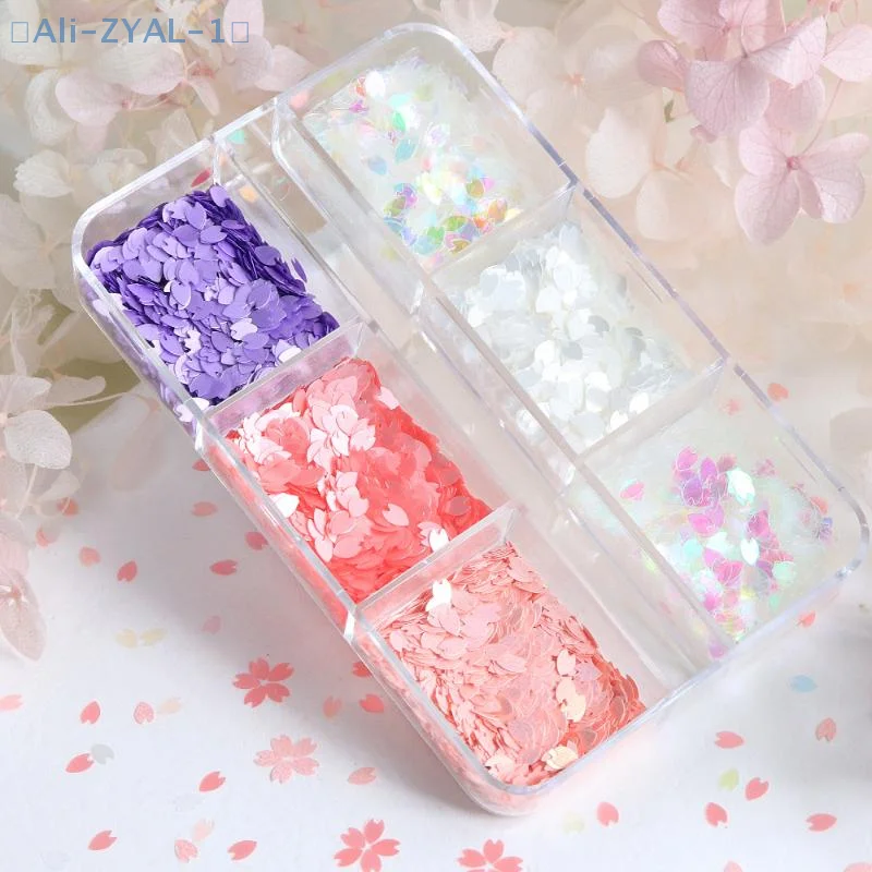 【ZYAL-1】6 rejillas de pétalos de flores brillantes, lentejuelas para uñas, flores de cerezo, pegatinas con purpurina, decoración holográfica de primavera, decoración de escamas
