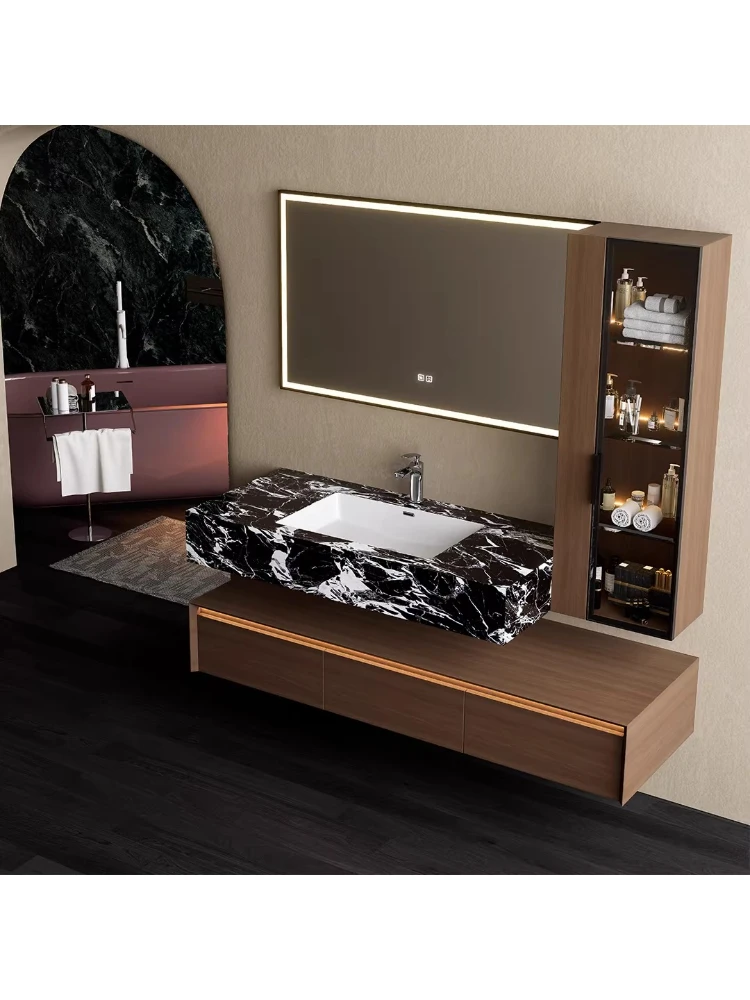

Black rock slab seamless ceramic basin antique hanging rubber wood bathroom cabinet