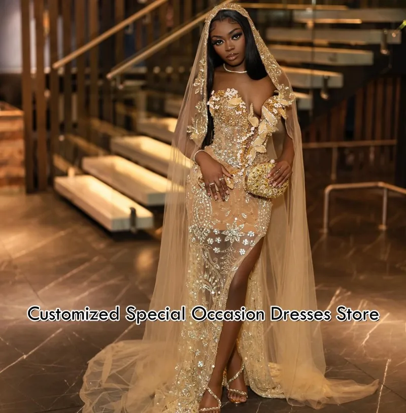 

Luxury Gold Prom Dresses For Girls Mermaid Split Beaded Pearls Crystals Party Dress African Sequin Evening Gowns Customized