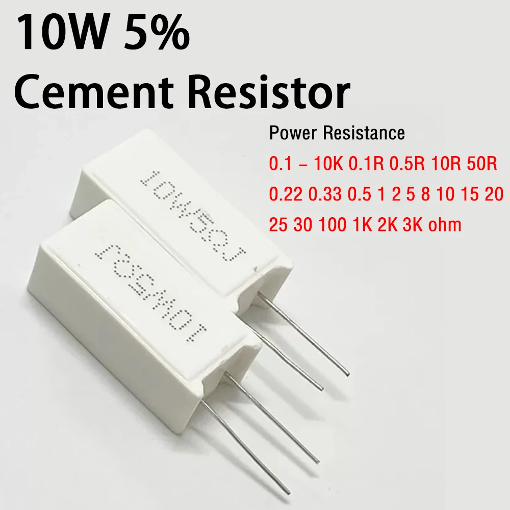 5 peças Resistor de Cimento 10W 5% Resistência de Potência 0.1 - 10K 0.1R 0.5R 10R 50R 0.22 0.33 0.5 1 2 5 8 10 15 20 25 30 100 1K 2K 3K ohm