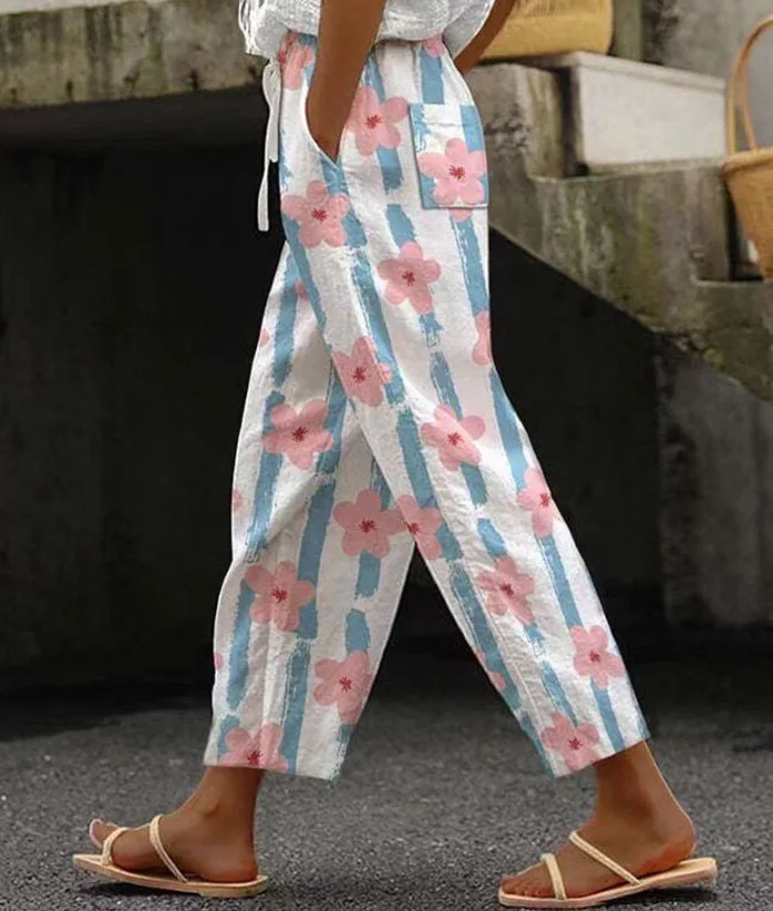 2025 الصيف المرأة الجديدة بنطال جلدي مجعد مطبوعة واسعة الساقين بوهو الدانتيل موضة شاطئ الشاطئ منتجع نمط المرأة الترفيه بنطلون