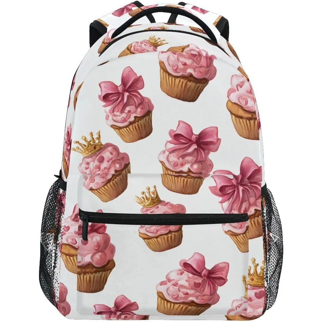 

Pink Cupcake Bow Print Backpack Sweet Dessert Pattern School Bag Lightweight Casual Daypack For Students Travel Daily Use