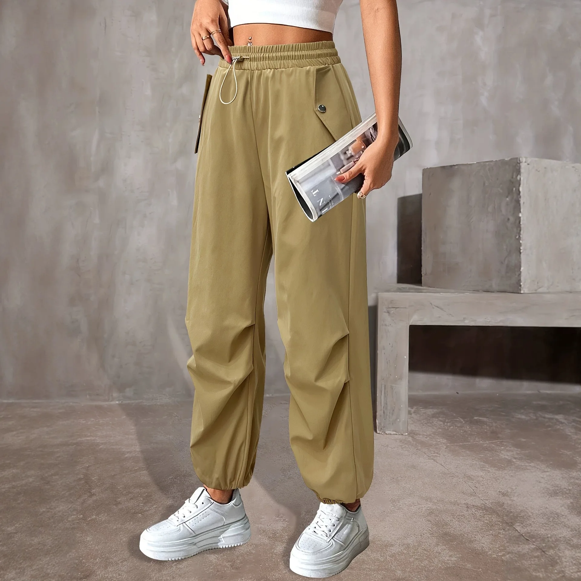 American-style Workwear Random Pants For Women, Run! And Autumn Multifunctional Straight-leg Drapey Joggers Pants., Loose Wide-l