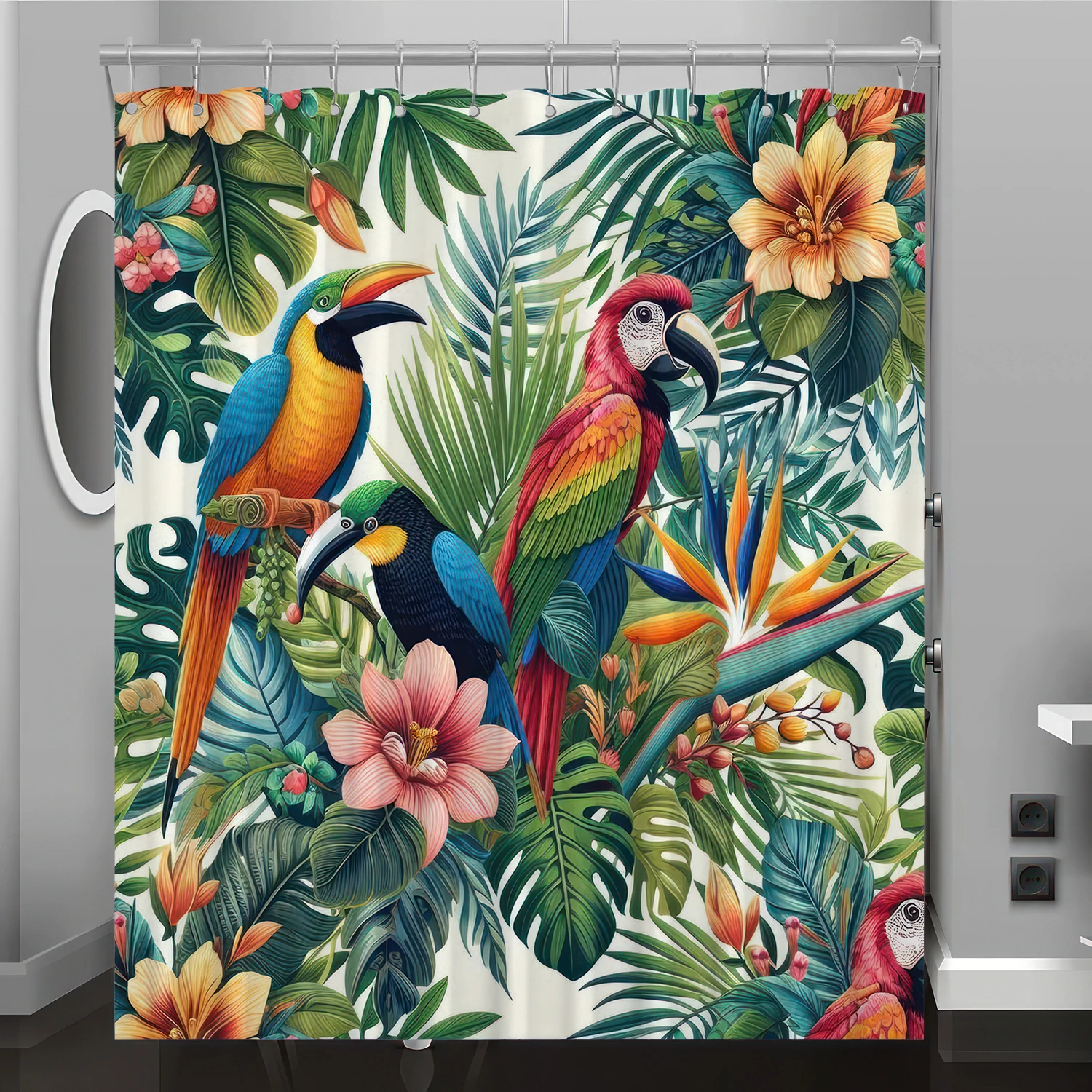 toucan parrot floral leafy pattern digital printing shower curtain, bathroom décor home décor, free hook