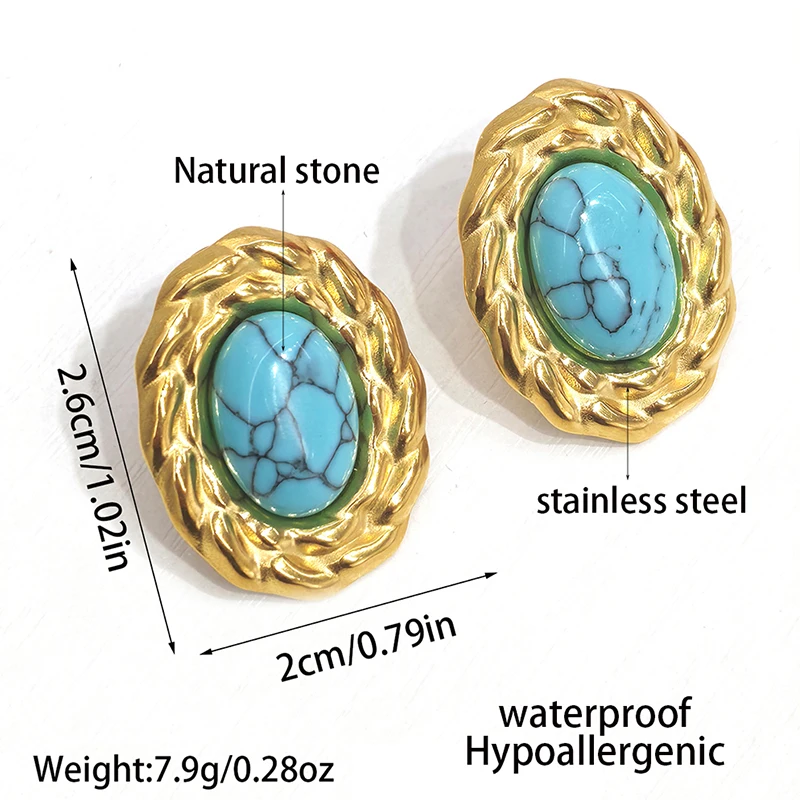 Vintage Geometrische Edelstahl-Ohrclips für Damen 18K Vergoldet Einfache Naturstein Wasserdichte Nicht-Durchstochene Ohrringe Schmuck – Detail 1