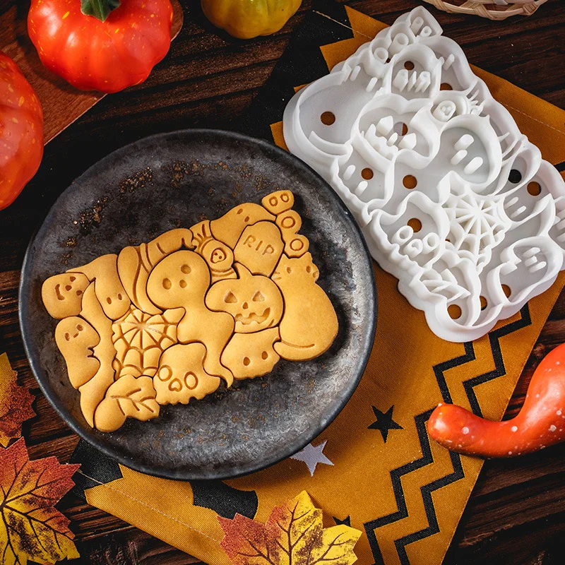 Halloween Puzzle Fondant Biscuit Mold Skull Pumpkin Ghost Spider Web Integrated Embosser Stamp Cookie Cutter Cake Decoration