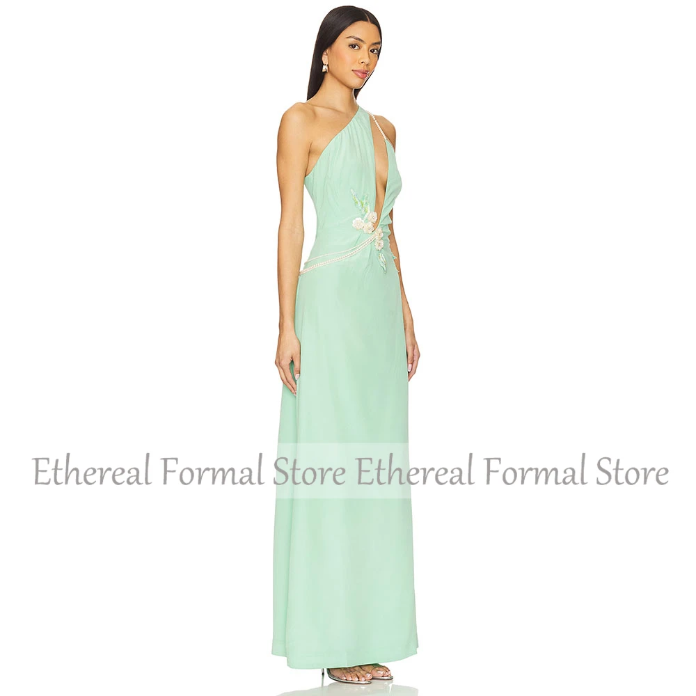 Beauty Evening Dress for Wedding Pearls Beading One Shoulder A Line Women's Evening Gown Sleeveless Ankel Length Formal Dresses