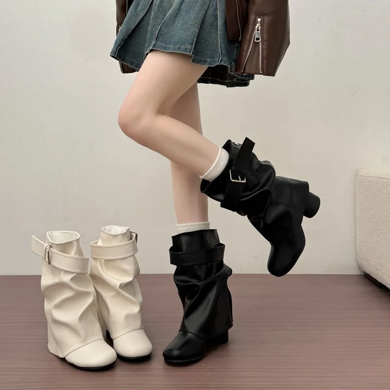 chunky-heel-height-increase-pants-boots-for-women-2026-fall-new-style-high-heel-pleated-stacked-boots-knight-ankle-boots