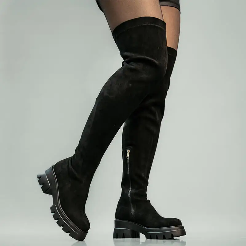 Onlymaker Women Black Over The Knee Stretch Boots Fashion Handmade Female Winter Boots