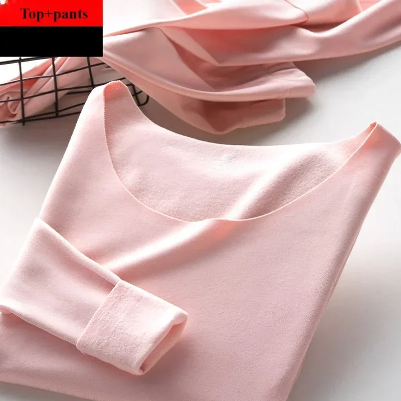 Seamless Thermal Underwear Set Solid Plush Heating Warm Underwear O-Neck Bottomed Shirt Double Layer Women Thermal Clothing Set