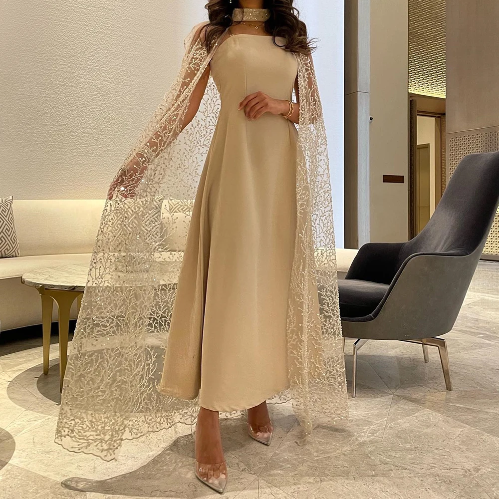 

Customized Jersey A-Line shawl Crystal Evening Dress Strapless Sleeveless Floor Length Watteau Train Fashion Party Gowns