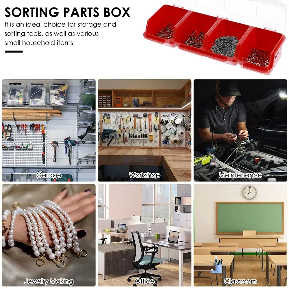 1Pcs Durable 4 Compartments Parts Storage Box with Lid Blue Red Screw Organizer Box Display Plastic Tool Part Container Bin
