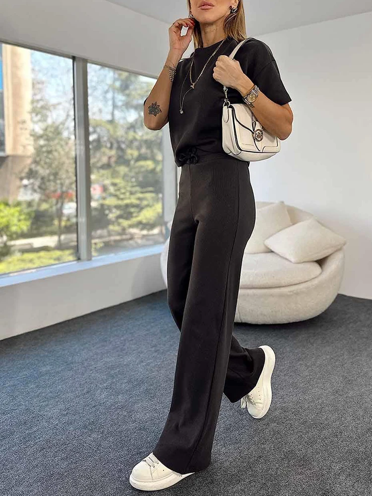 2024 Spring Women\'s Pajamas Set Ribbed Wide Leg Trousers Suits with T-shirt Tracksuit Two-piece Sets Knitted Home Suit for Women