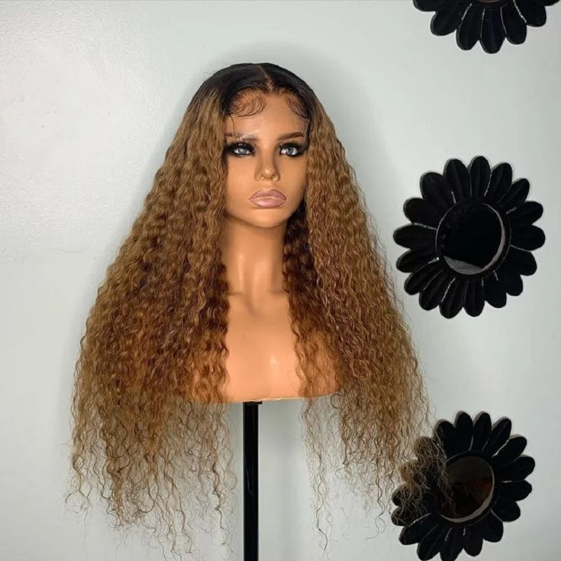 Soft  Preplucked 26Inch 180Density Ombre Blond Kinky Curly Long Lace Front Wig For Women With Baby Hair Glueless Daily