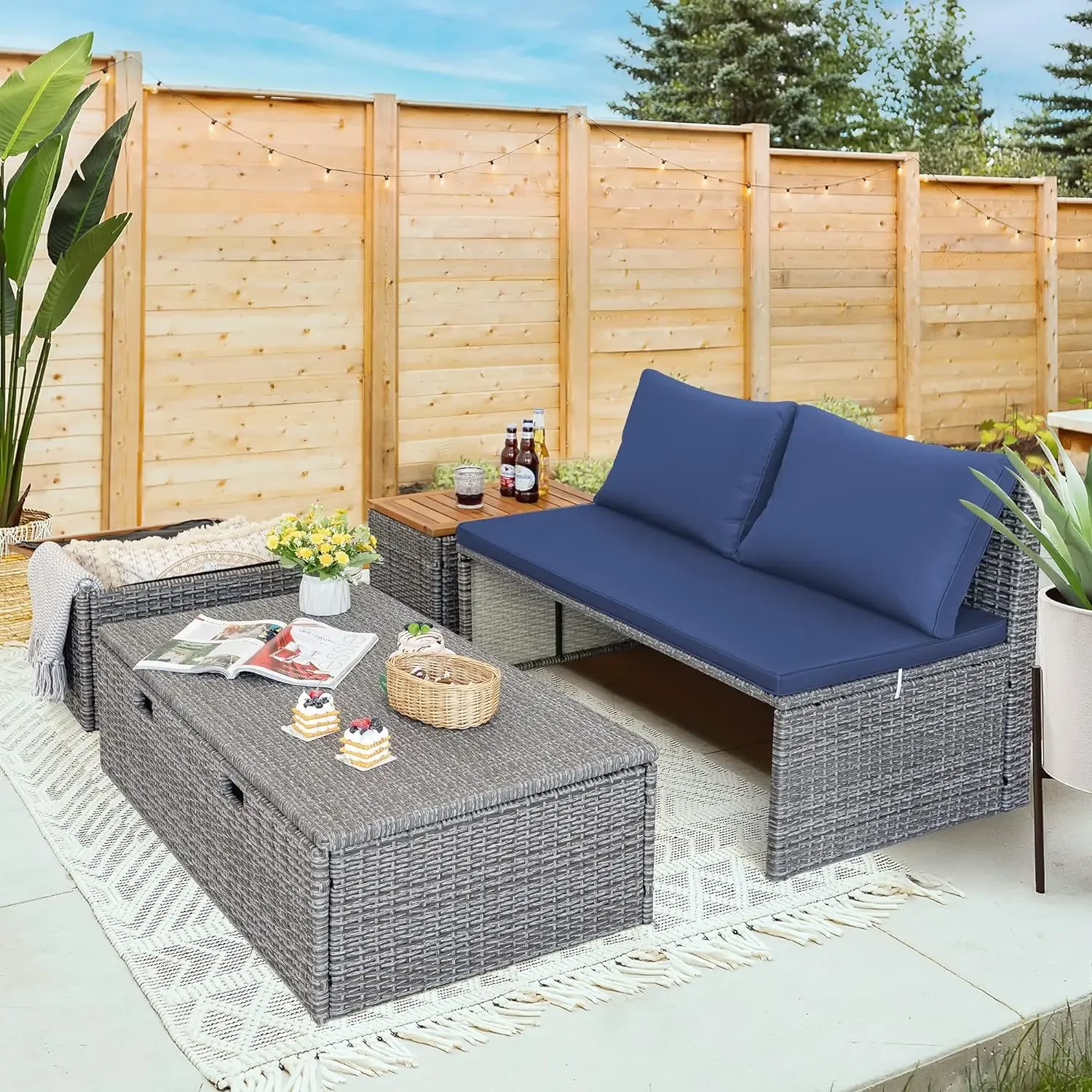 Outdoor Daybed Set Multifunctional Patio Day Bed Rattan Lounge Bed with 2 Side Tables for Backyard Porch Poolside Lawn Beach